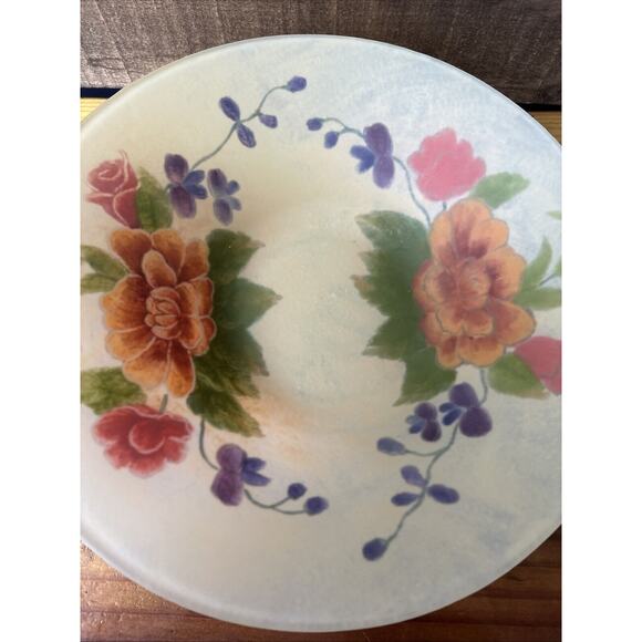 Beautiful Floral Handpainted Glass Bowl 14” Wide - Picture 6 of 10